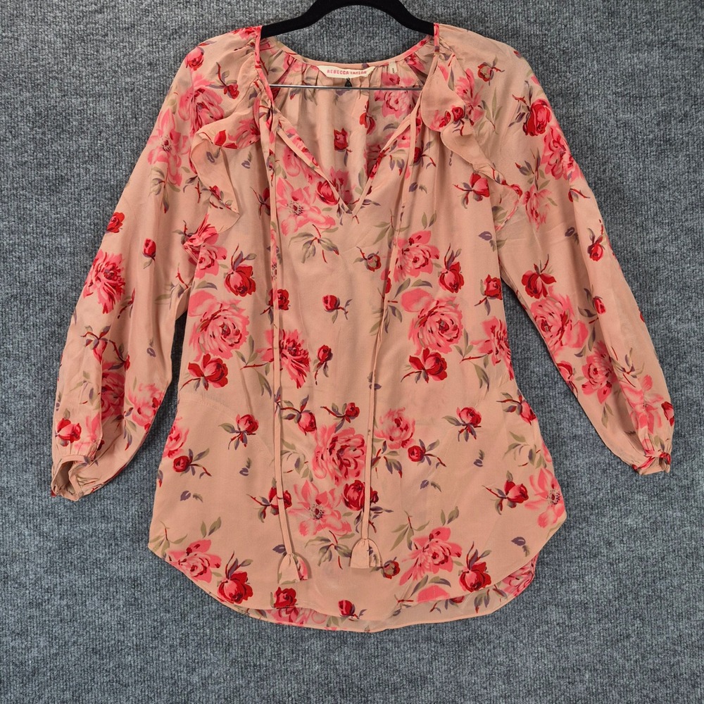 Rebecca Taylor Blouse Floral Silk Ruffle Tie V-Neck Size 2 Pink Womens
